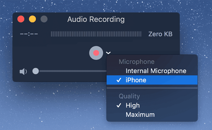Ventana de grabación de audio con iPhone seleccionado