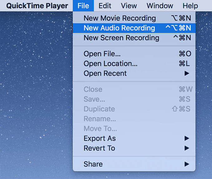 Archivo -> Nuevo menú de grabación de audio en QuickTime