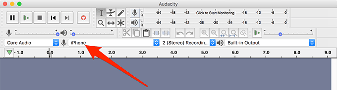 iPhone seleccionado en el menú Core Audio en Audacity