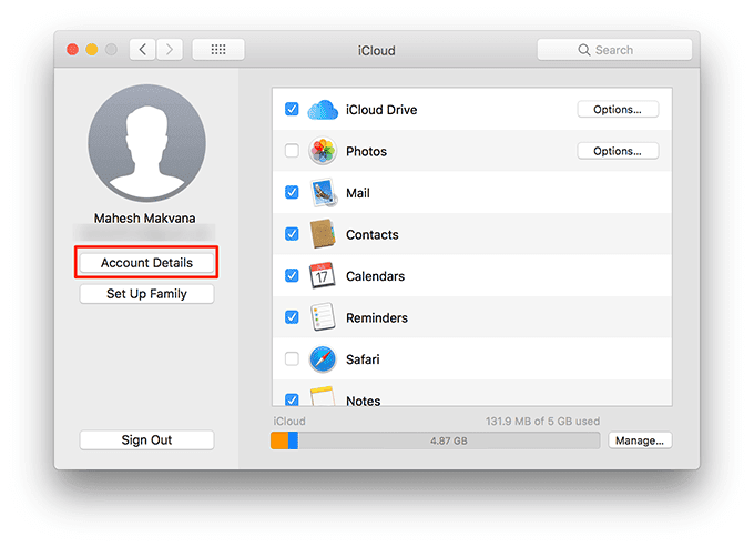 Detalles de la cuenta en iCloud