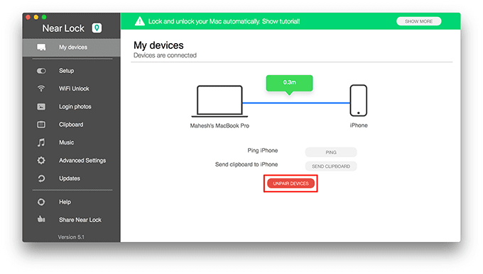 Botón Desemparejar dispositivos en la aplicación Near Lock