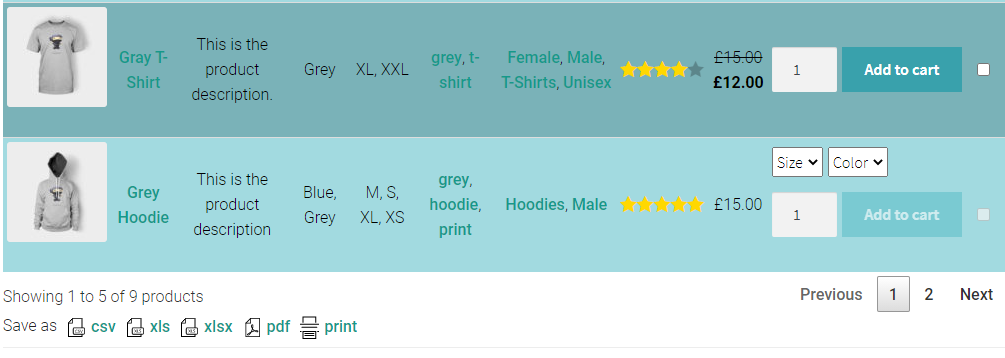 Tabla de muestra con una lista de productos.
