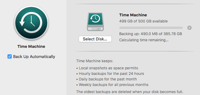 Ventana de Time Machine creando una copia de seguridad