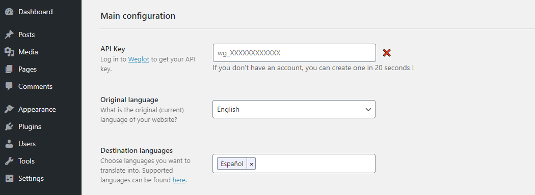 Configuración del complemento de Weglot para WordPress