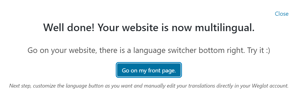 Mensaje de éxito de Weglota