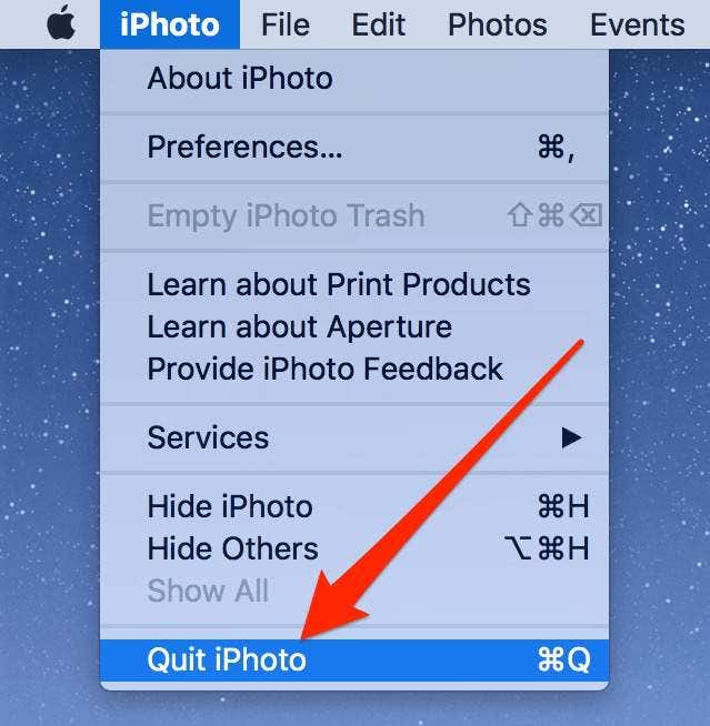 Salir de iPhoto en la opción de menú