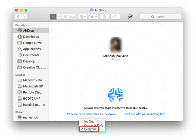 Menú de todos seleccionado en AirDrop