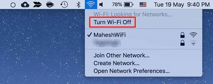 Desactiva Wi-Fi en el menú de Wi-Fi