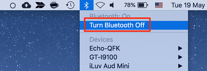 Desactivar Bluetooth en el menú de Bluetooth