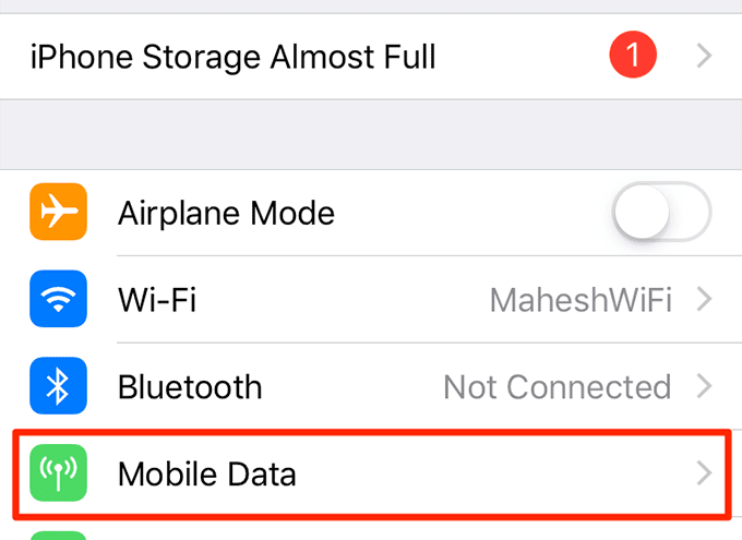 Datos móviles en la configuración del iPhone