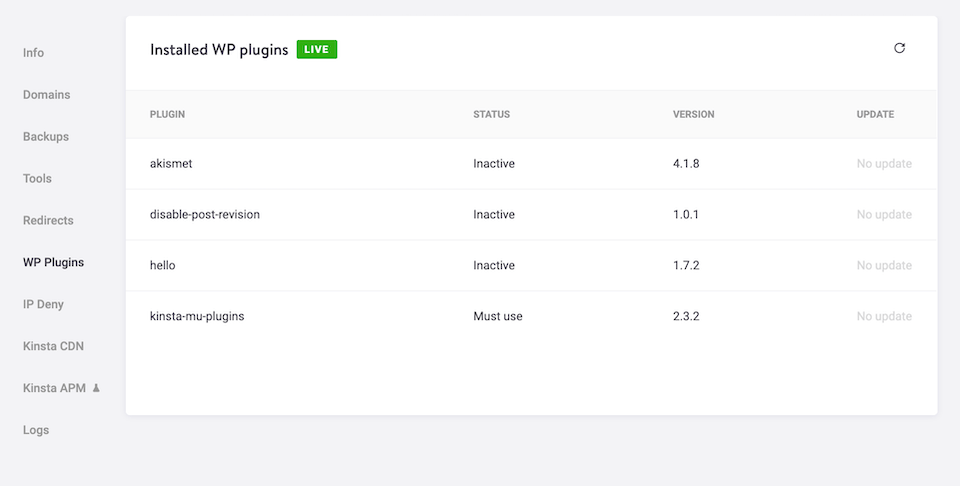 Lista de complementos de Kinsta.