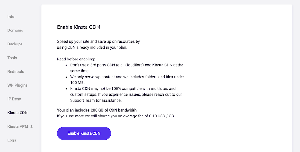 Habilitación de la red Kinsta CDN.