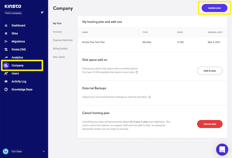 Actualice su plan de alojamiento desde el escritorio de MyKinsta.