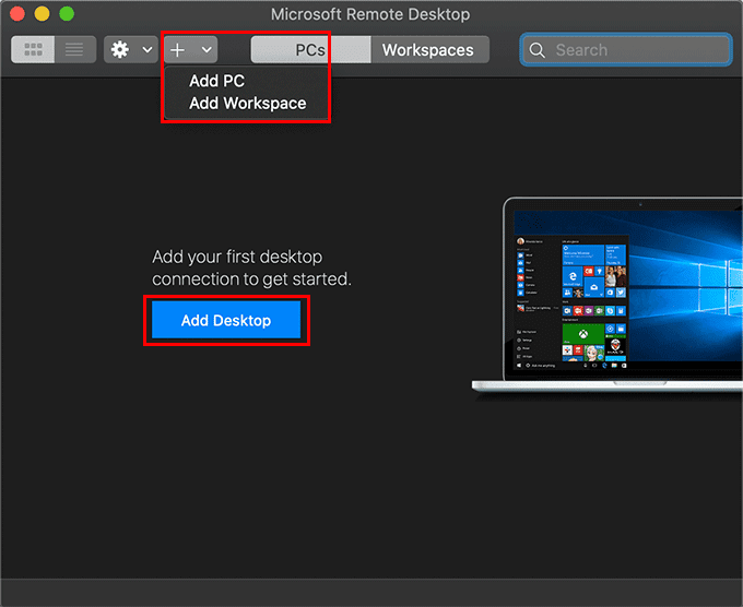 Botones Agregar PC y Agregar escritorio resaltados en Microsoft Remote Desktop