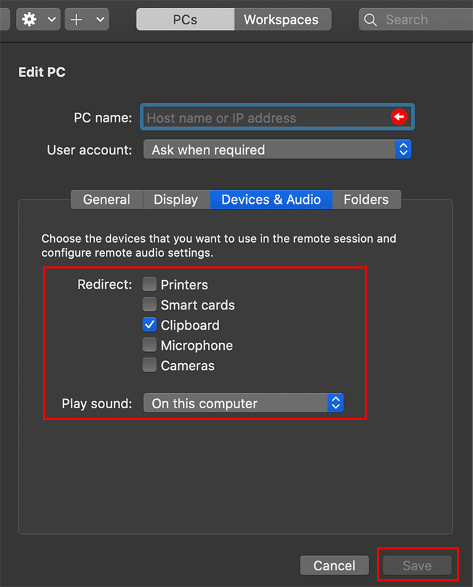 Pestaña Dispositivos y audio con opciones de configuración de audio remoto