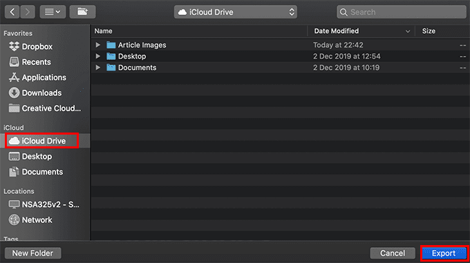 Botón Exportar en la ventana de iCloud Drive