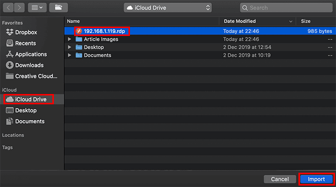 Botón Importar y archivo RDP resaltado en iCloud Drive