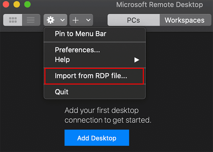 Importar desde archivo RDP en el menú Configuración