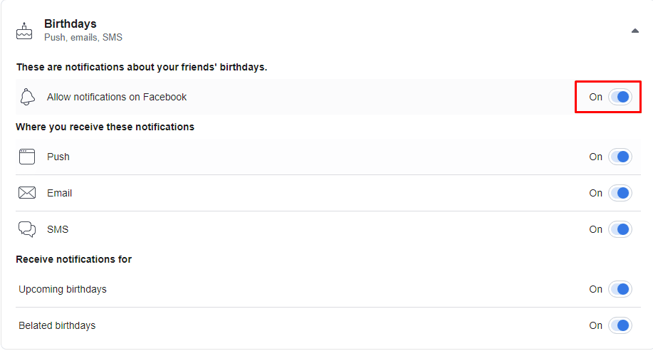 Active el interruptor junto a Permitir notificaciones en Facebook para recibir notificaciones sobre los cumpleaños de las personas.