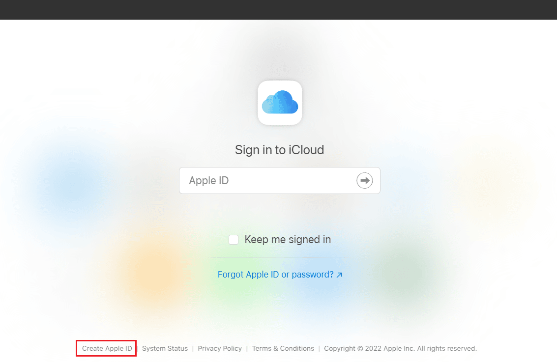 Haga clic en Crear ID de Apple en la parte inferior de la página de inicio de sesión de iCloud |  Cómo ingresar a su cuenta de iCloud