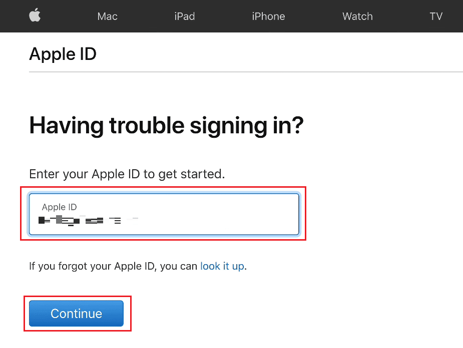 Ingrese su ID de Apple en el campo dado y haga clic en Continuar