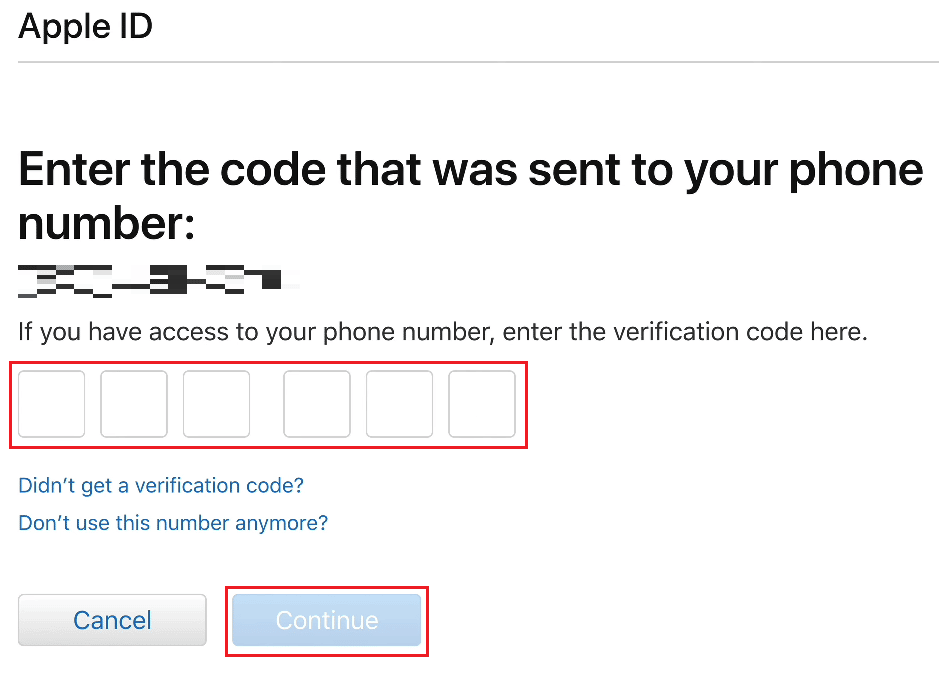 Ingrese el código de verificación enviado a su número de teléfono registrado de ID de Apple y haga clic en Continuar
