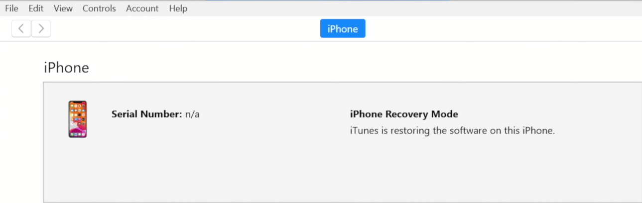 iTunes restaurará el software en tu iPhone.  Espera hasta que termine el proceso