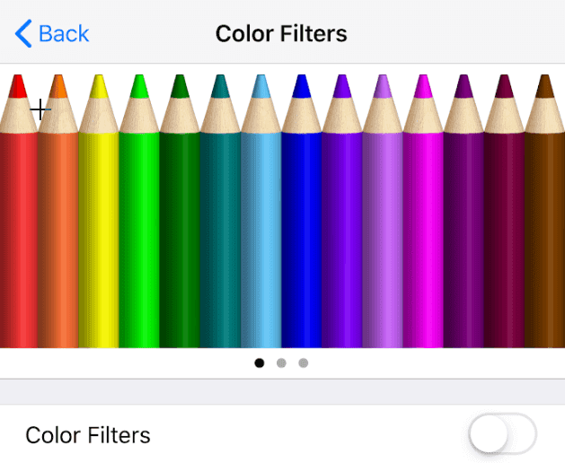 La ventana de filtros de color muestra una fila de lápices de colores.