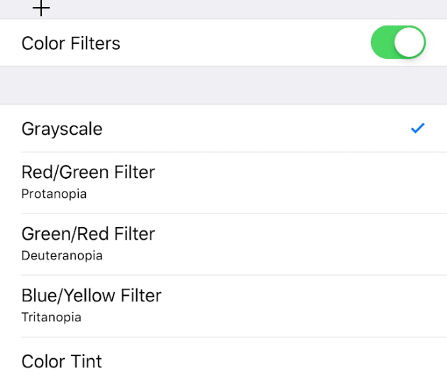 Menú de filtros de color activado con escala de grises seleccionada