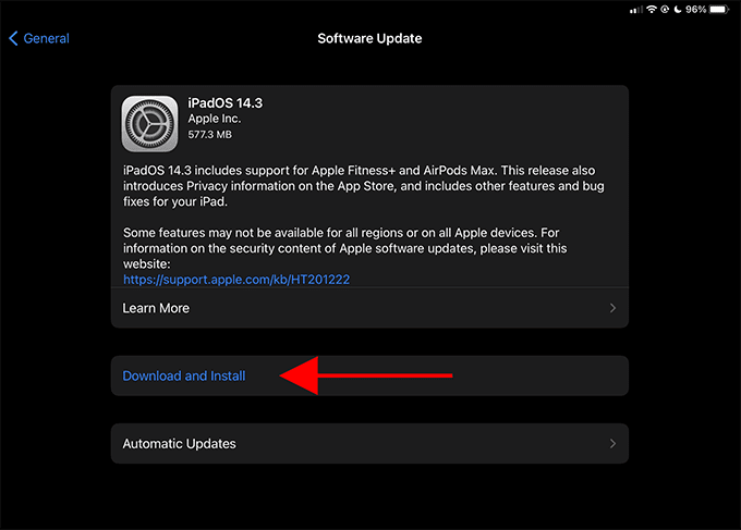 Botón Descargar e instalar en Actualización de software