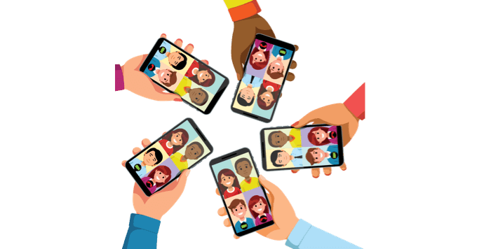 Dibujo de un círculo de manos sosteniendo iPhones en una conferencia telefónica