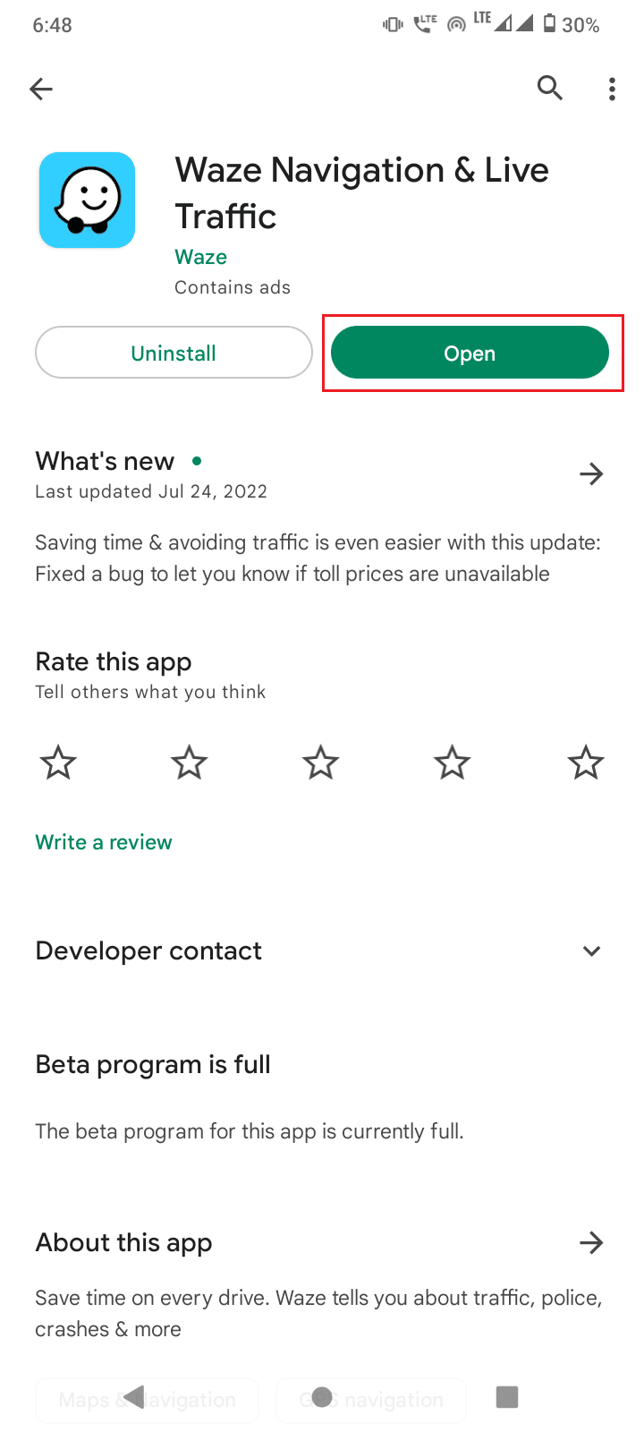 toca abrir para abrir la aplicación waze