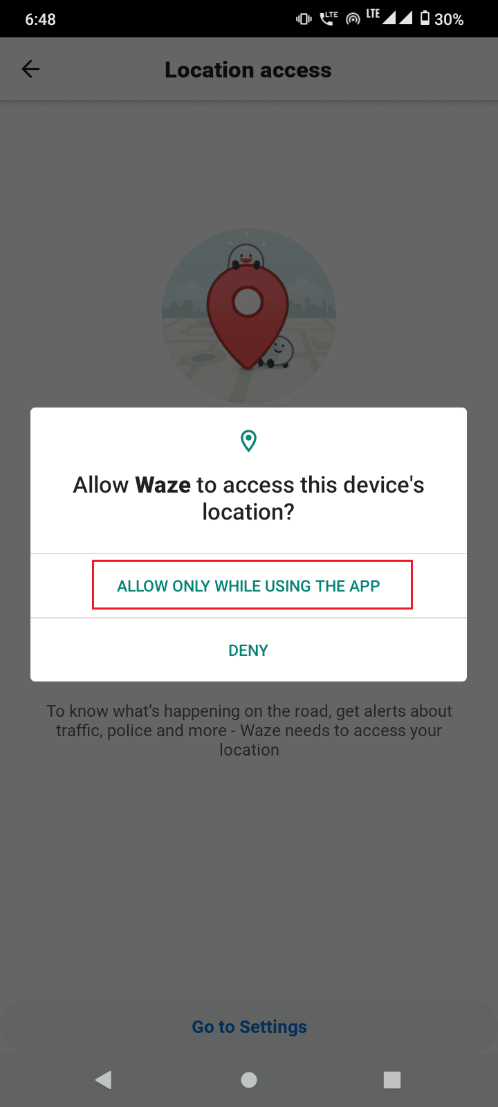 toque Permitir solo mientras usa la aplicación para permitir el permiso de GPS.  Cómo verificar la cuenta de correo electrónico de Waze