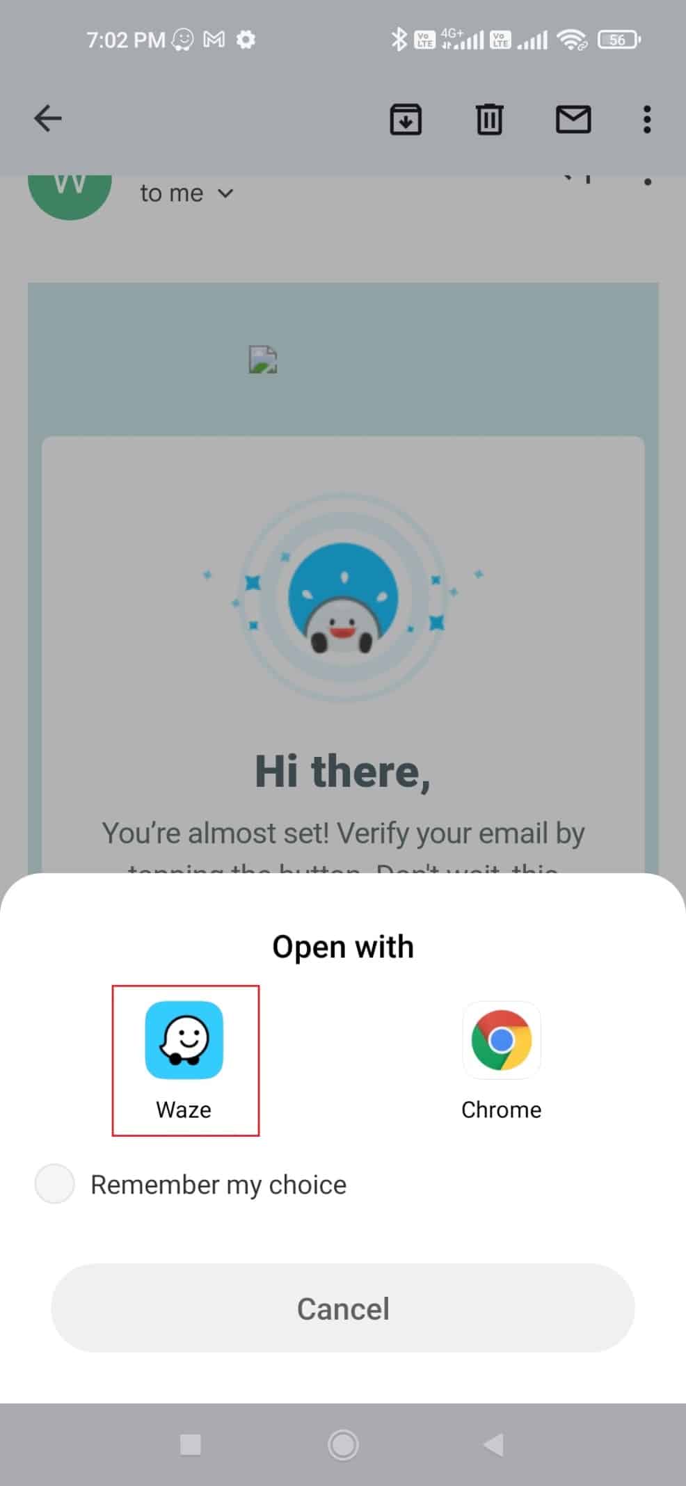 toque la aplicación waze en abrir con el menú para verificar la cuenta de correo electrónico