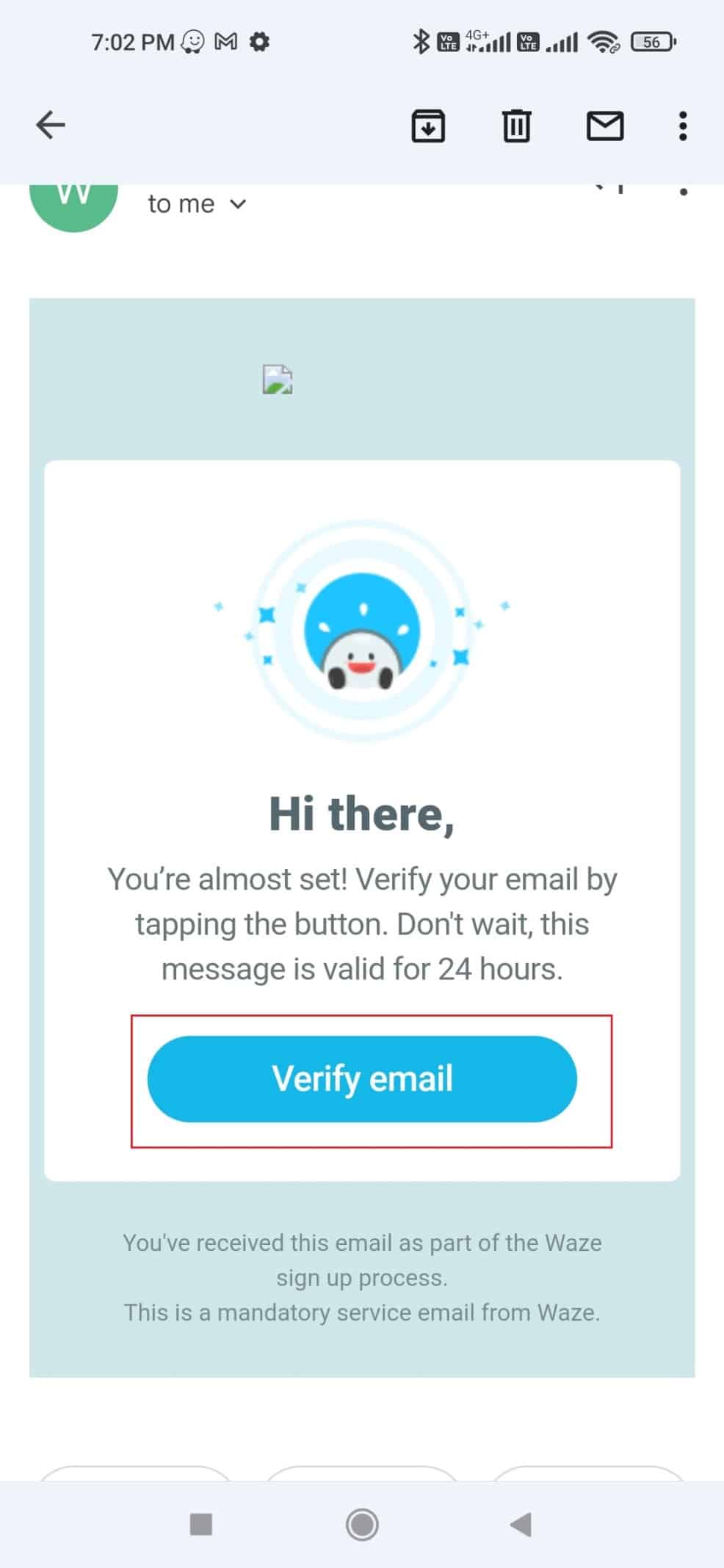 toca el botón de verificación de correo electrónico.  Cómo verificar la cuenta de correo electrónico de Waze