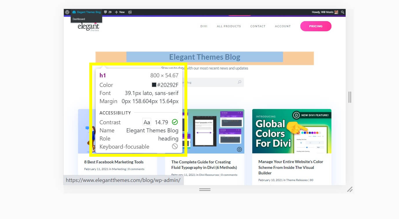 Aplique estilo a la información cuando pase el cursor sobre la herramienta Comprobar elemento.