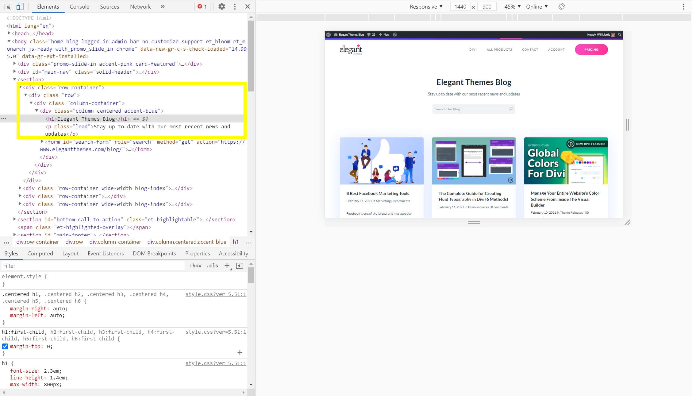 Las clases de CSS que se muestran en la ventana Comprobar elemento.