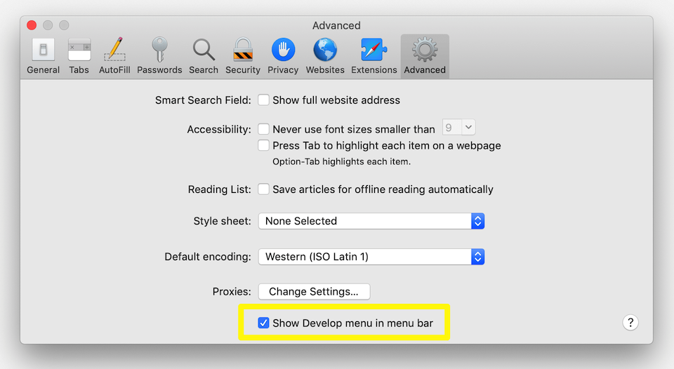 Activa las herramientas de desarrollador de Safari.