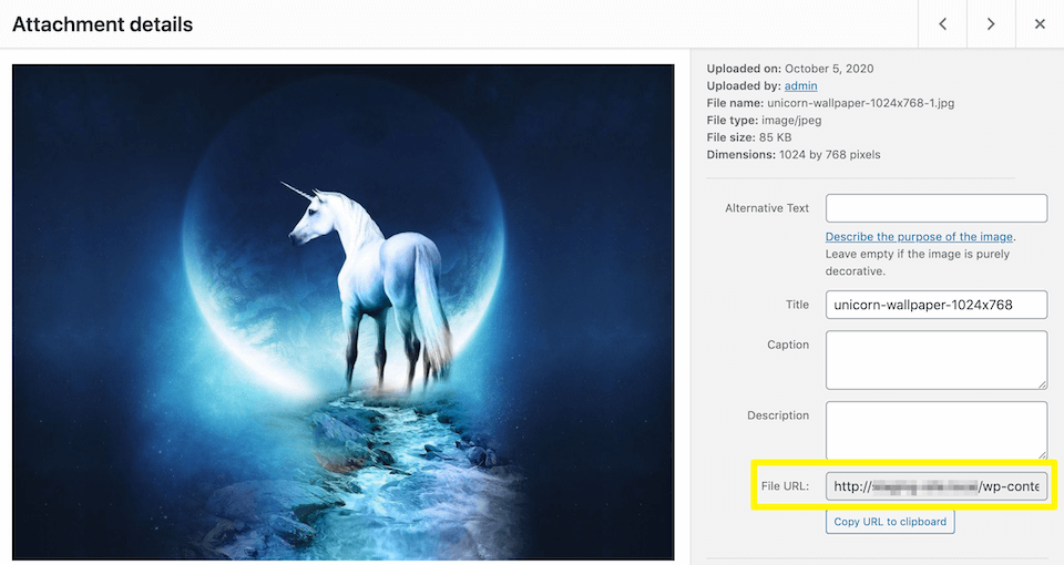 Identificar la URL de la imagen en la biblioteca multimedia de WordPress.