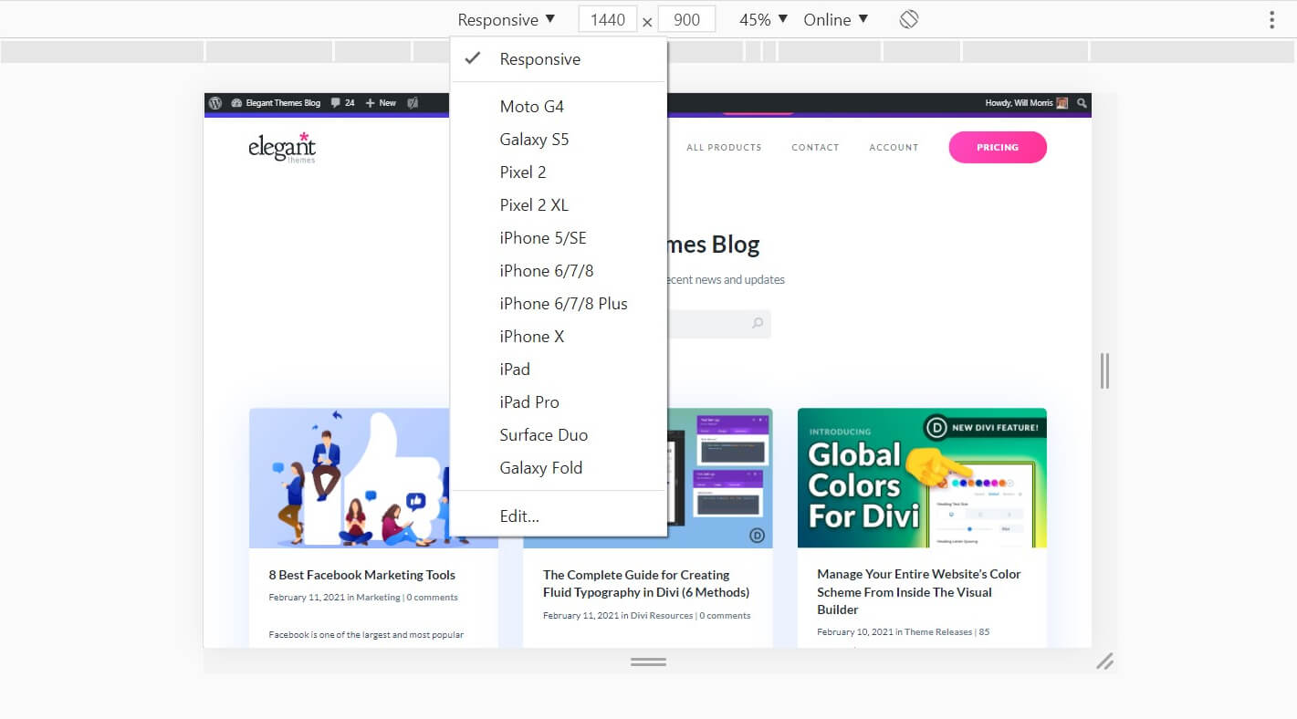 Menú de selección de dispositivos en la herramienta Verificar elemento.
