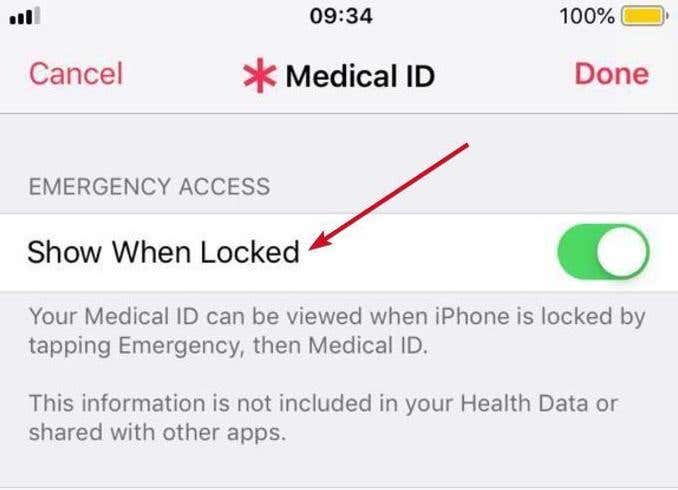 Mostrar cuando está bloqueado alternar indicado en la aplicación de identificación médica