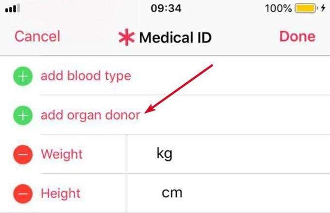 Agregar donante de órganos indicado en la aplicación Medical ID