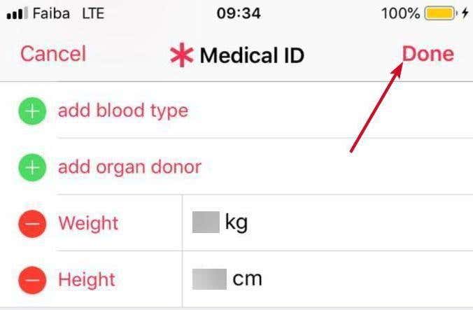 Hecho. botón indicado en la aplicación Medical ID