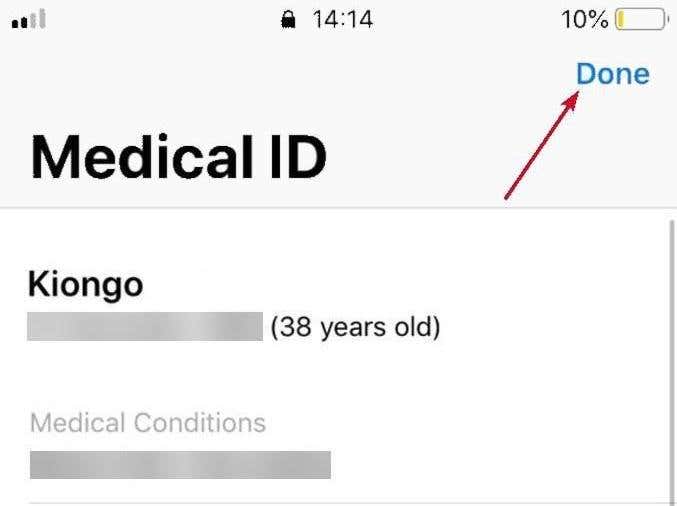 Botón Listo indicado en la pantalla de identificación médica