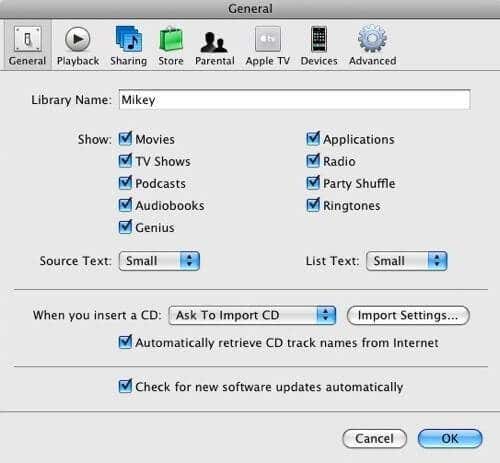 Cuadro de diálogo Configuración general de iTunes