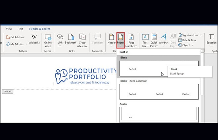 Agrega una sección de pie de página en blanco.