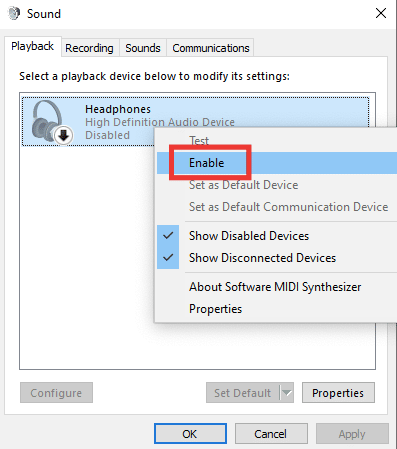seleccione el dispositivo de sonido, luego haga clic derecho sobre él y haga clic en habilitar