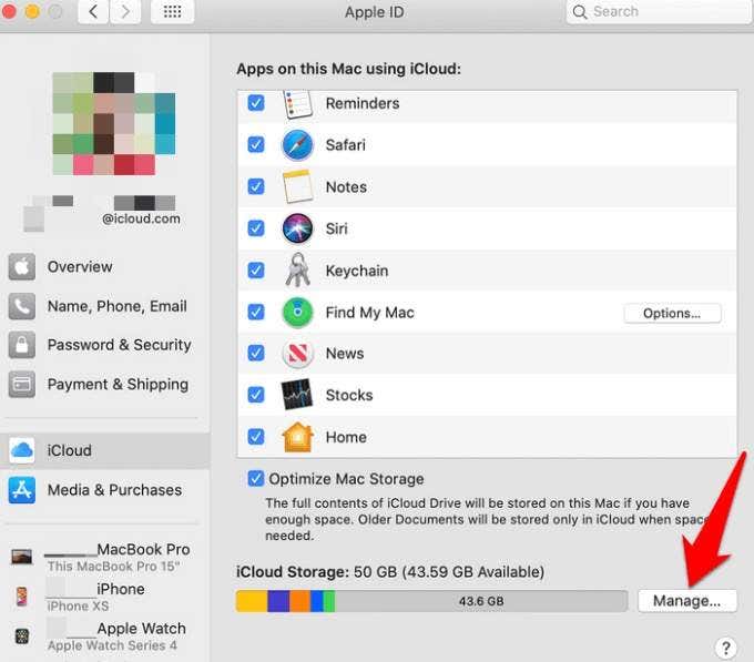 Botón Administrar en la ventana de ID de Apple