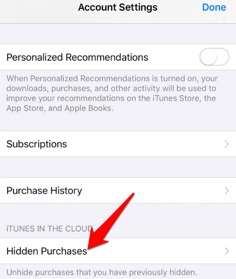 Pestaña de compras ocultas en la configuración de la cuenta