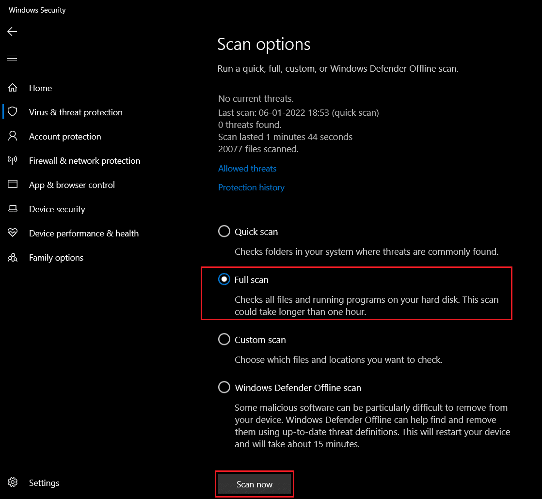 Seleccione Análisis completo y haga clic en el botón Analizar en el menú Protección contra virus y amenazas Opciones de análisis